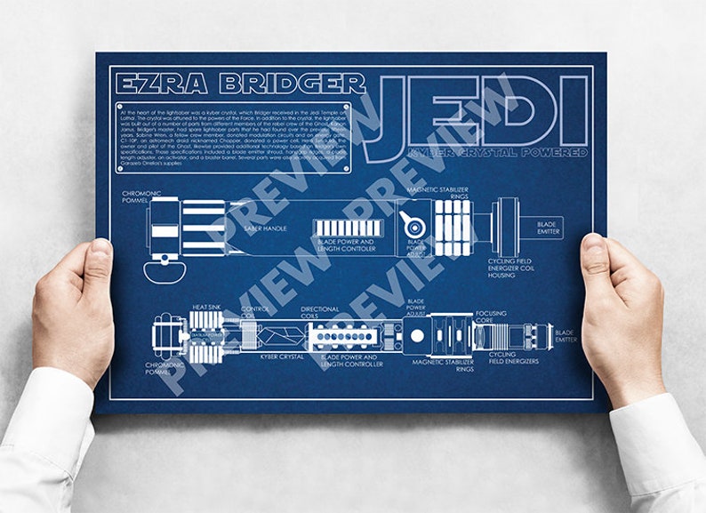 May include: A blue and white blueprint style poster with a diagram of Ezra Bridger's lightsaber from Star Wars Rebels. The poster includes the text "Ezra Bridger Jedi Kyber Crystal Powered".