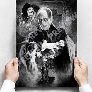 May include: A black and white poster featuring a dramatic scene from the classic horror film "The Phantom of the Opera". The Phantom, with his iconic mask, stands in the center, reaching out to a woman in a white dress. A skeletal figure in a hooded cloak appears in the background.