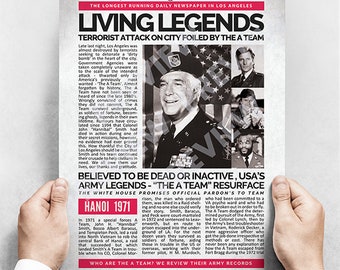 May include: A vintage newspaper clipping with the headline "Living Legends" and a subheading "Terrorist Attack on City Foiled by The A Team". The article discusses the A Team, a group of soldiers who were believed to be dead or inactive, but have resurfaced. The article also includes a photo of a man in a military uniform.