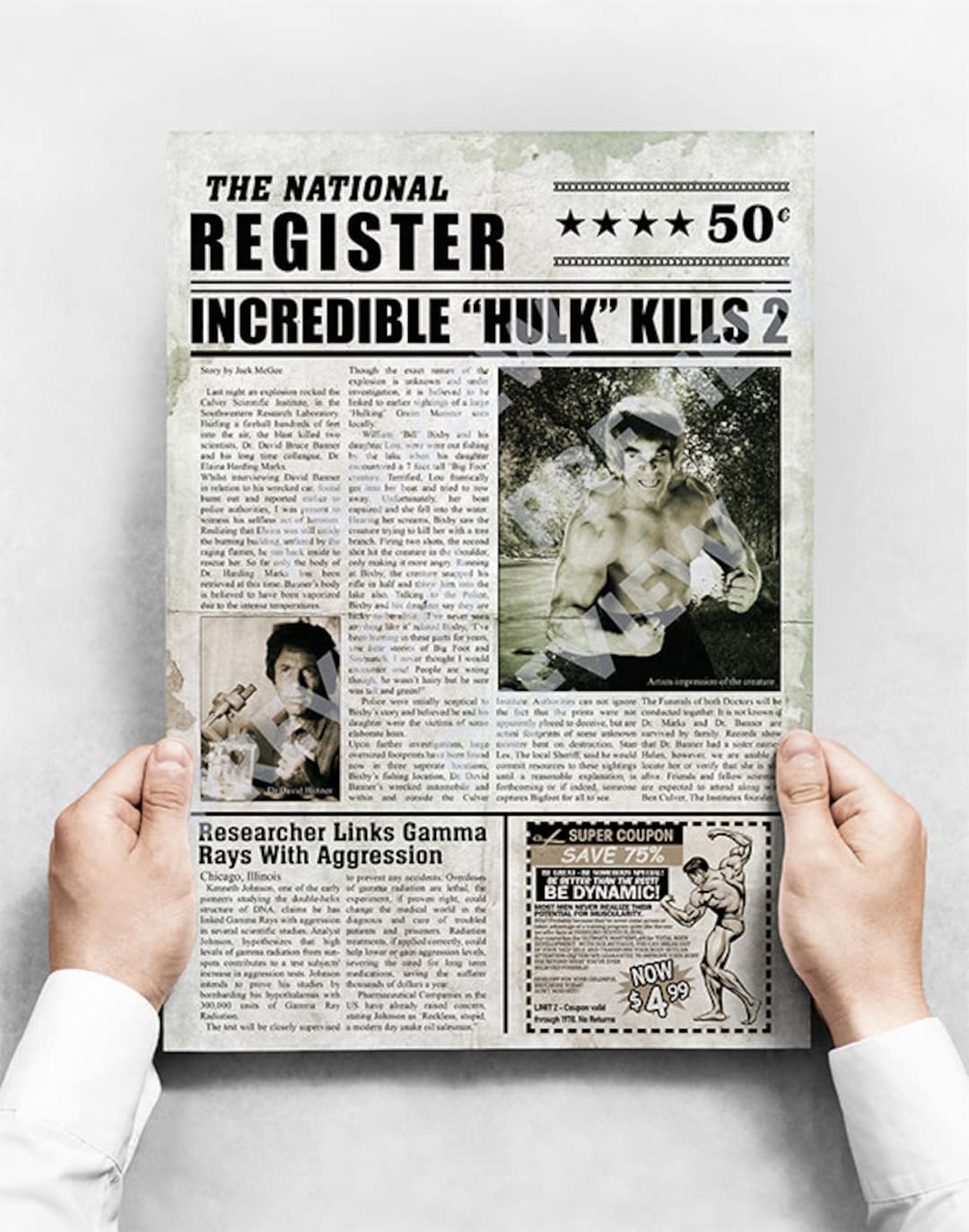 The Incredible Hulk-poster in krantenstijl - Bill Bixby / Lou Ferrigno -  Etsy België, image size:1080x1373