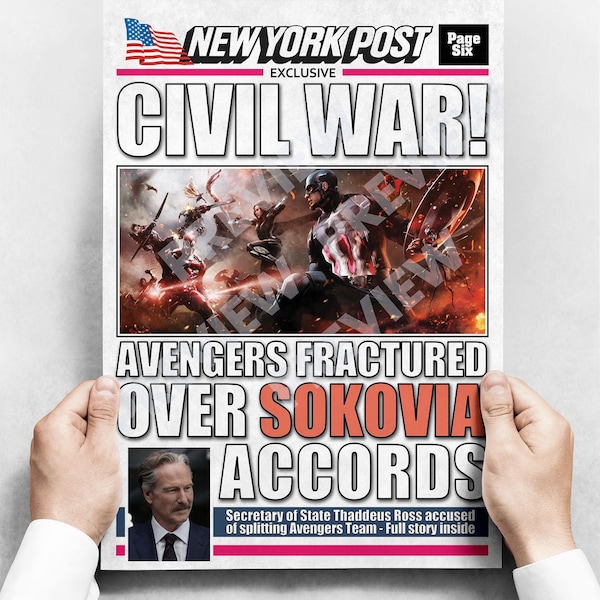Avengers Civil War Newspaper Print | Sokovia Accords Front Page Poster | Marvel Fan Gift