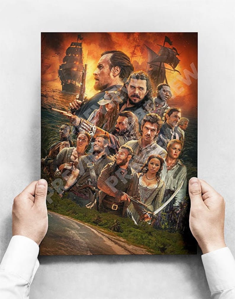 May include: A group of pirates, some wielding swords, stand on a beach with a ship in the background. The pirates are wearing a variety of clothing, including leather jackets, vests, and hats. The sky is a fiery orange and red.