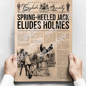 Spring-Heeled Jack Eludes Sherlock Holmes - Vintage Faux Newspaper Poster / Print