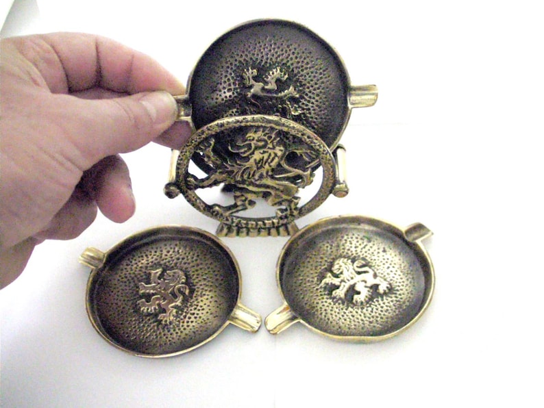 Brass ashtray set antique signed 1950/'s collectors nordia factory made in israel home decor lions decor rare