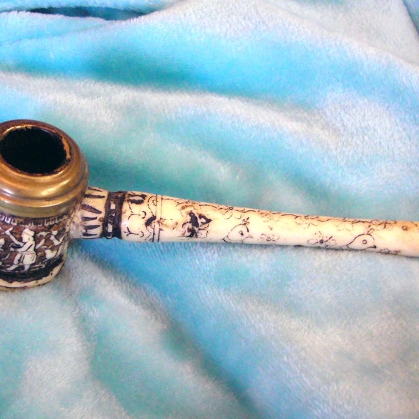 Resin smoking pipe, hand carved, antique, decorated, long, rare, unique, collectors, white, brown, 1960's