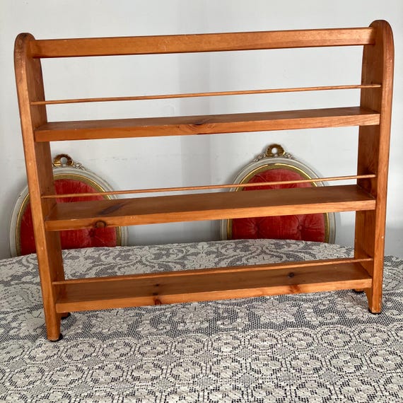 Vintage 21”x25” Wood Spice Rack Wooden Wall Shelf Caddy Handmade Farmhouse Bottle Pantry Stand Hanging Hooks
