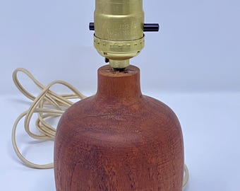 Vintage 8” Teak Wood Table Lamp Light Desk Nightstand Dresser Wooden Small Round Mid Century