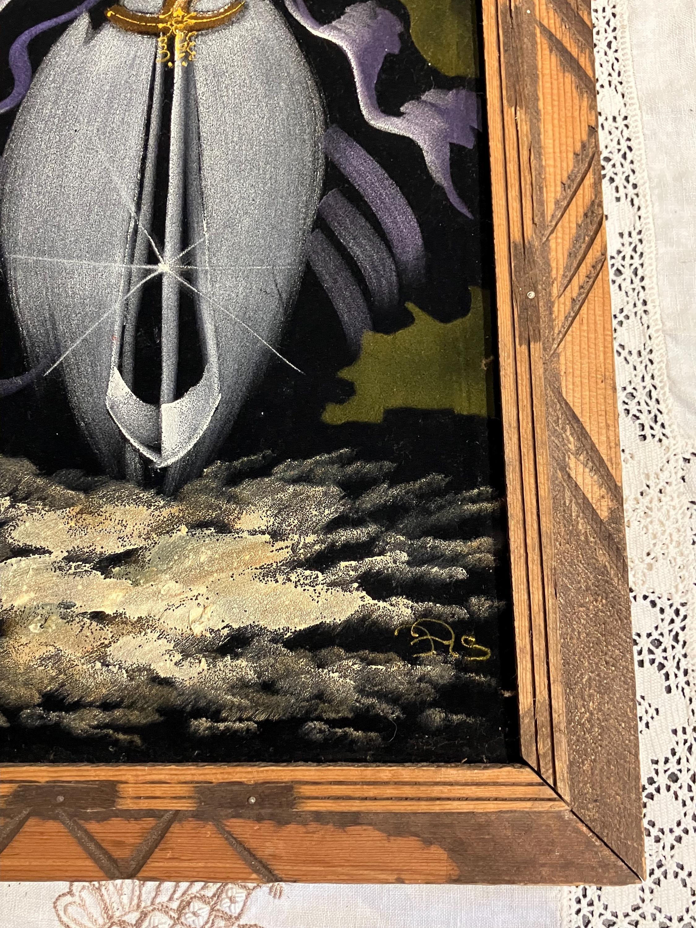 Vintage Wood Framed Velvet Painting Gandalf Signed Mexico Wall