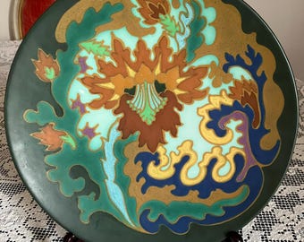 Ánfora vintage de 10 pulgadas de cerámica Gouda de Pompea, plato holandés dorado, azul, amarillo y verde antiguo