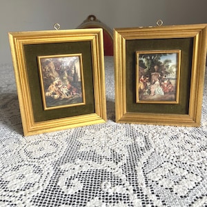 Vintage Set Gold Art Picture Print Miniature Dollhouse Painting Wall Hanging Small Wood Frame Framed 6x7 Green Velvet