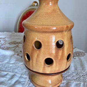 Vintage 10” Mid Century Glazed Pottery Lantern Lamp Candle Holder Patio Table Light