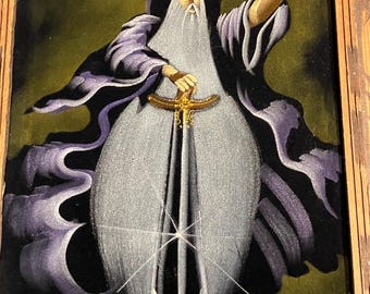 絵画 Velvet Vintage Wood Framed Velvet Painting Gandalf Signed Mexico Wall