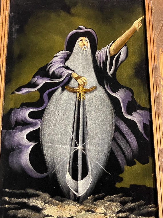 Vintage Wood Framed Velvet Painting Gandalf Signed Mexico Wall