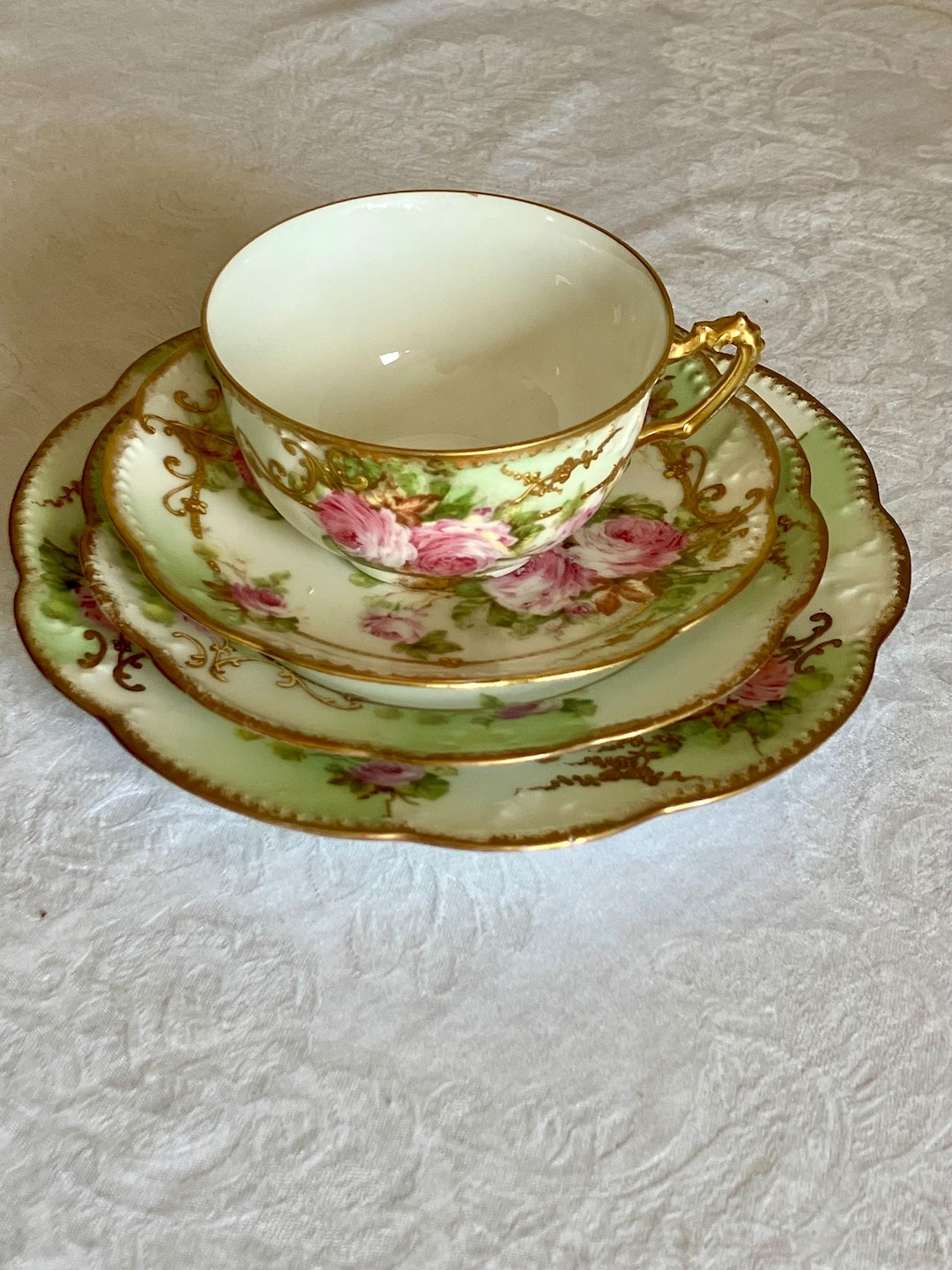 Antique Hand Painted Limoges Tea Set Cup Saucer Plate Floral Wild Roses ...