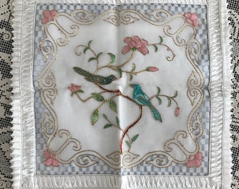 Vintage 15” Asian Silk Beaded Pillow Cover Zipper Square Chinese Birds Floral White Pink Ruffles Sham