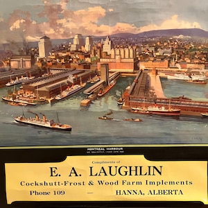 May include: Vintage calendar print featuring a detailed illustration of Montreal Harbour, with ships, buildings, and a bridge. The calendar includes the month of January 1938, with text from E. A. Laughlin, Cockshutt-Frost & Wood Farm Implements, Hanna, Alberta.