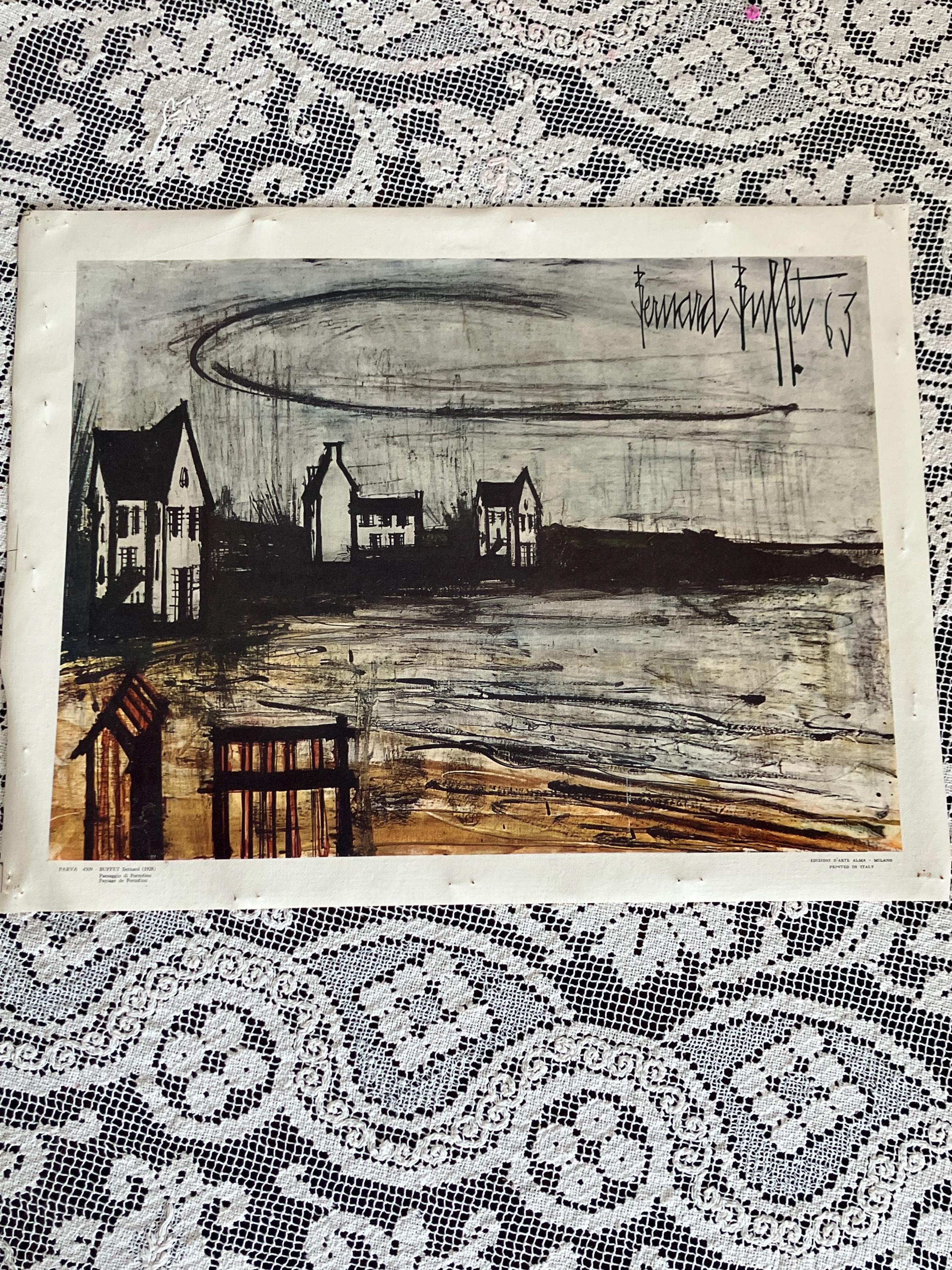 Vintage 1963 Bernard Buffet Landscape Print Decor Wall Hanging