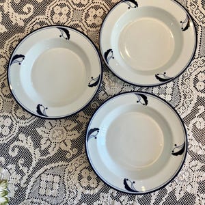 Lot Three Dansk 8.75” Bayberry Flora Rimmed Soup Bowl Salad White Navy Blue Made in Portugal