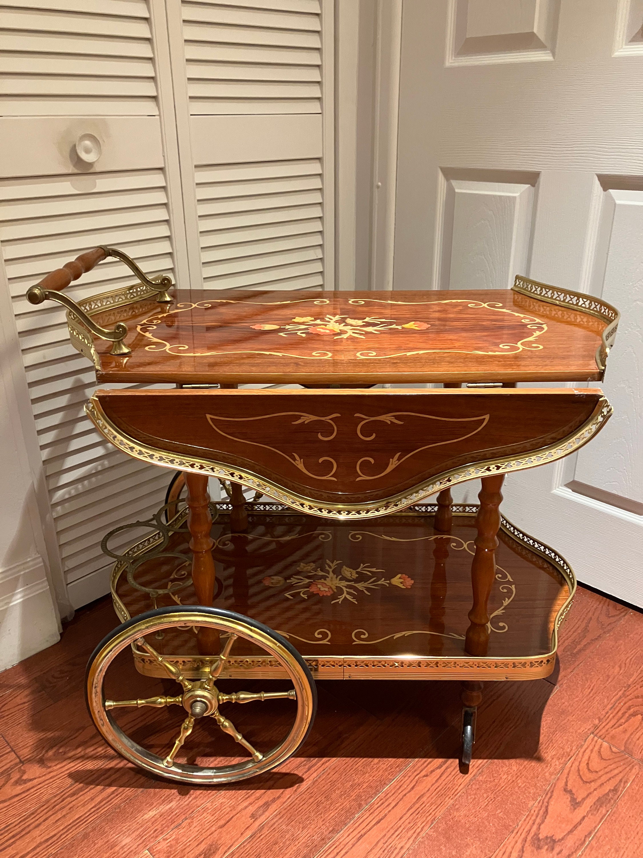 Midcentury Wood Brass Bar Cart Trolley Serving Tray Brass Wood Vintage ...