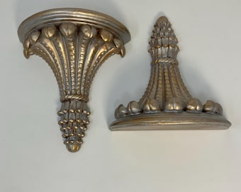 Vintage Two Hollywood Regency Style Golden Wheat Wall Shelves Pair Gilt Hanging Wall Shelf Shabby Decor Gold Roccoco