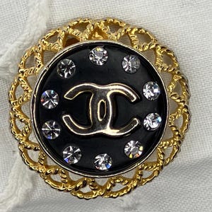Vintage One Earring Authentic Chanel Black and Gold Rhinestone Rope Clip On CC Logo Jewelry Jewellery