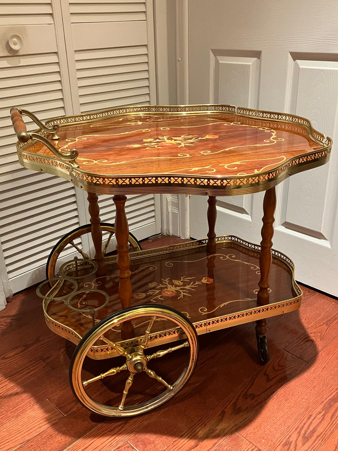 Midcentury Wood Brass Bar Cart Trolley Serving Tray Brass Wood Vintage ...
