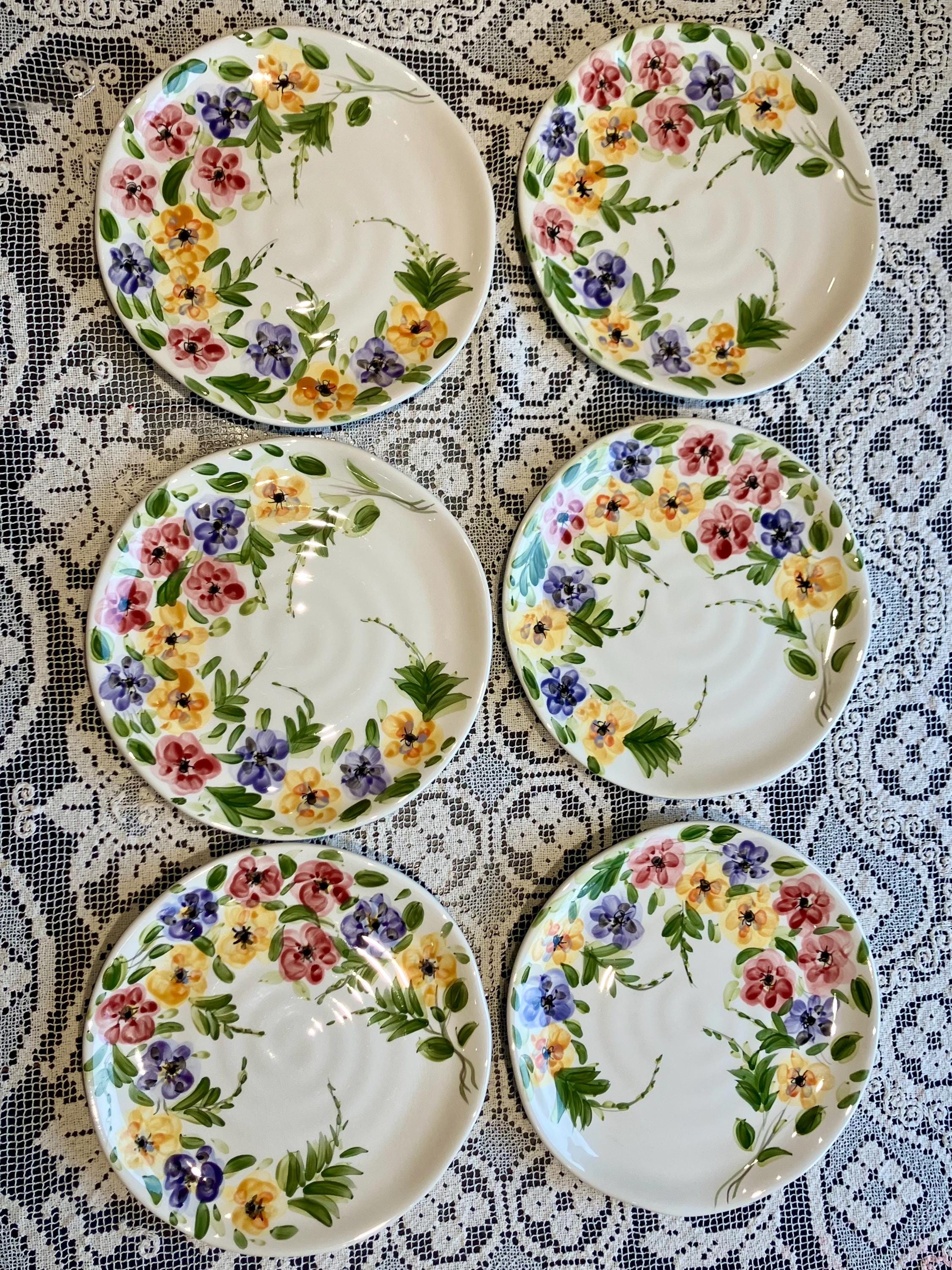 Vintage 8.75” Hand Painted Tabletops Gallery Plate Floral Roses Bees Red Purple Yellow Green