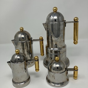 VEV Vigano Kontessa Inox Stainless Steel  Vintage Italian Moka Espresso 4 Set Made in Italy