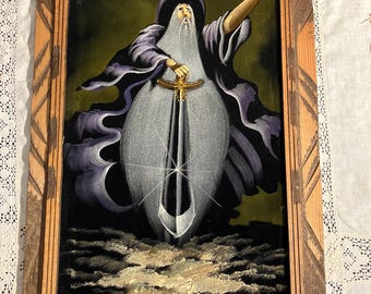 Vintage Wood Framed Velvet Painting Gandalf Signed Mexico Wall