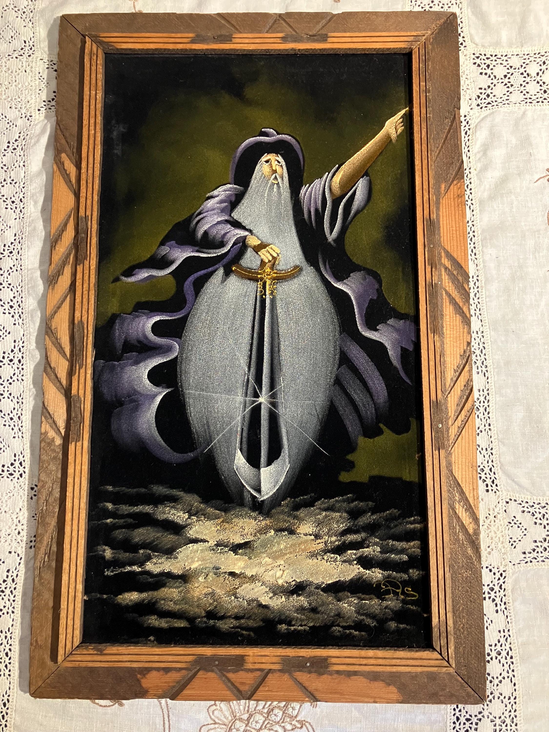 Vintage Wood Framed Velvet Painting Gandalf Signed Mexico Wall
