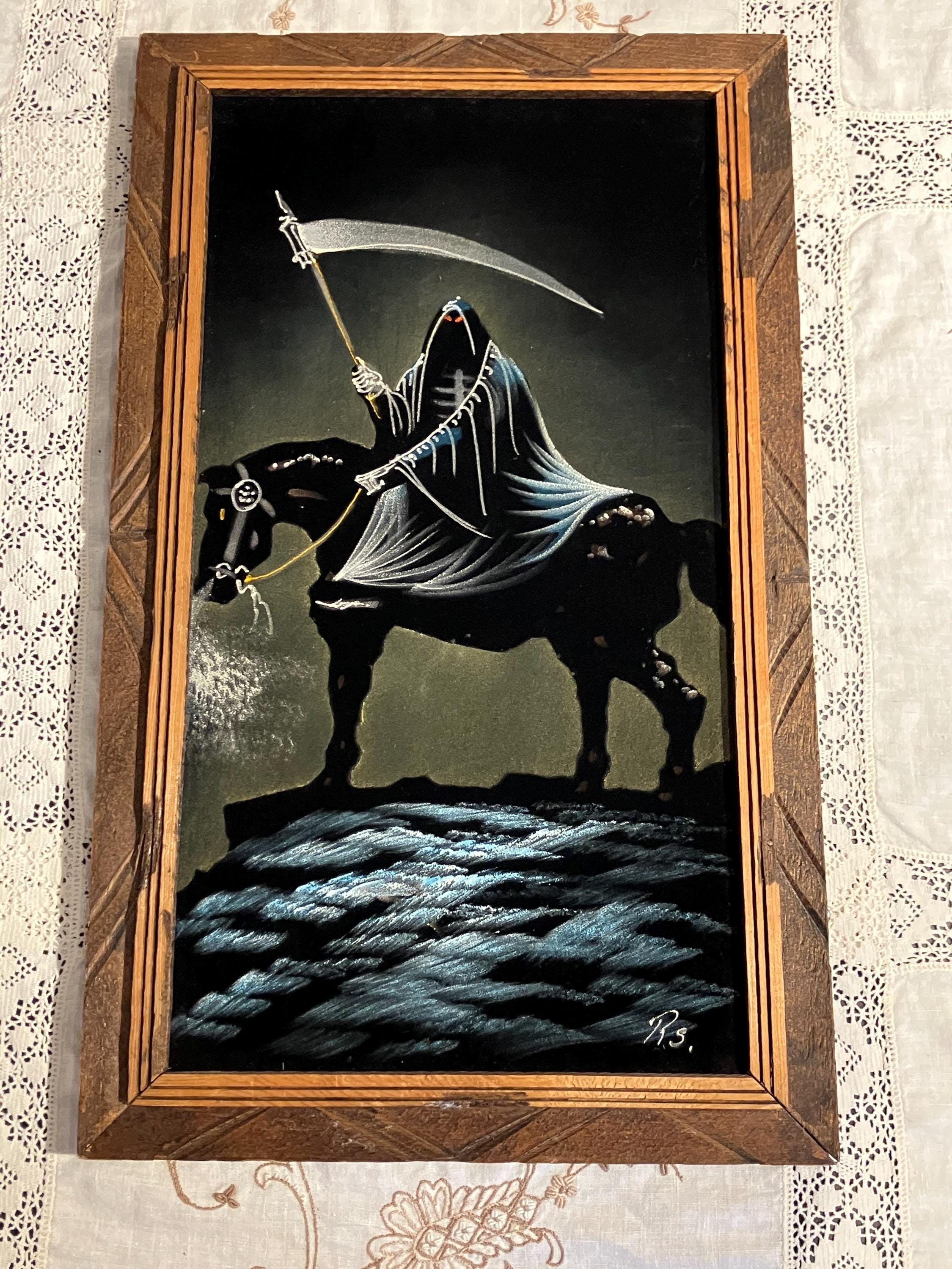 絵画 Velvet Vintage Wood Framed Velvet Painting Dark Lord Grim Reaper Signed