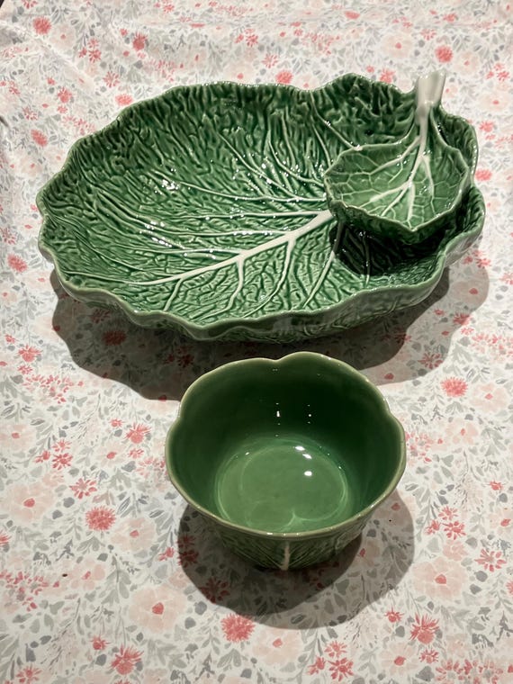 Bordallo Pinheiro Lot Cabbage Chip Dip Serving Dish Leaf Portugal