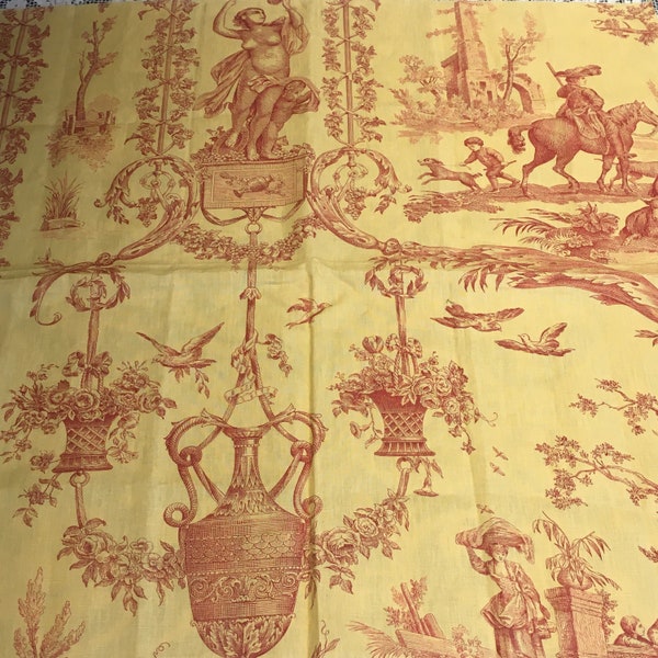 Vintage 26x26 Schumacher Toile Fabric Sample Remnant Hand Print Yellow Red Urn Renaissance Art