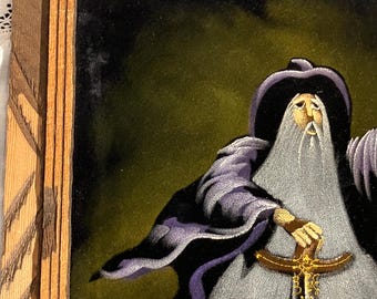 Vintage Wood Framed Velvet Painting Gandalf Signed Mexico Wall