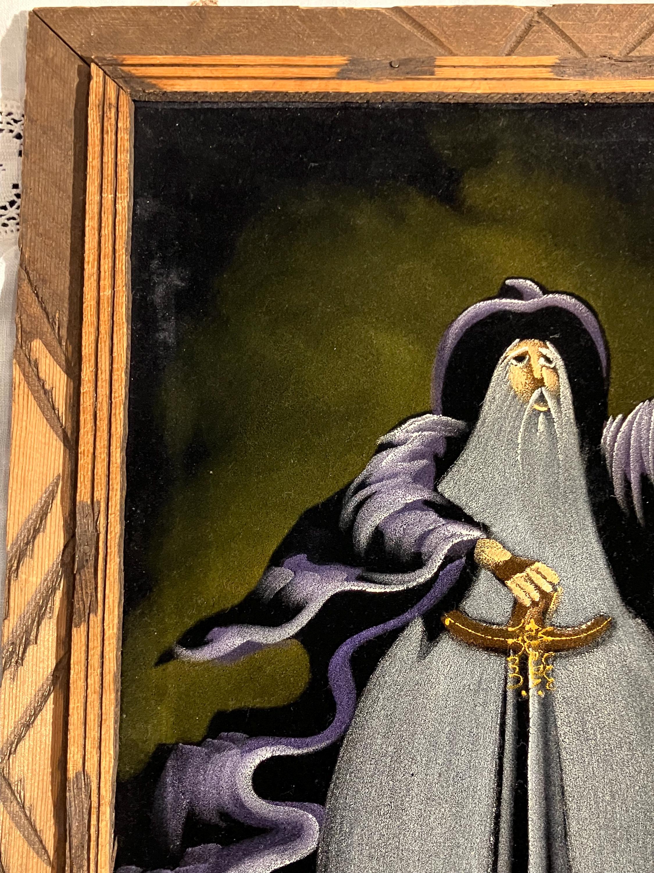 絵画 Velvet Vintage Wood Framed Velvet Painting Gandalf Signed Mexico Wall