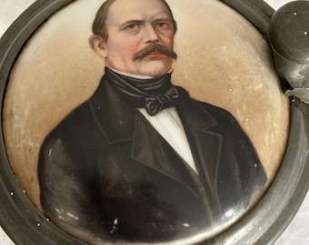 Antique Otto Von Bismarck Miniature Portrait Painting Heavy Glass and Pewter German Beer Stein