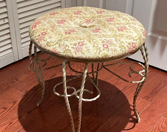 Midcentury 17” Vintage 1960s Hollywood Regency Vanity Painted Metal Chair Padded Fabric Stool Bench Dressing Table Desk Seat