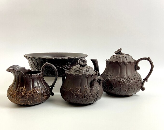 Antique 1800s Ferdinand Gerbing Tea Set, Victorian Mourning Tableware