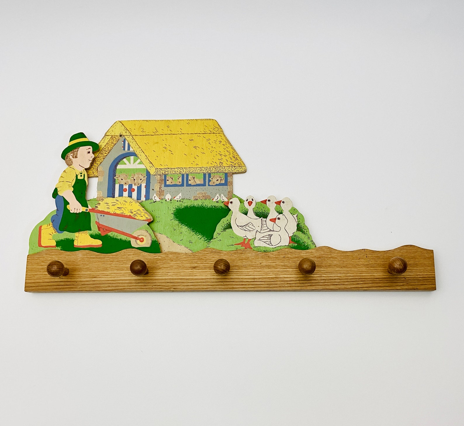 Vintage children's coat rack, Farm Yard with animals, painted wood by Mertens Kunst, 1980s kids furniture