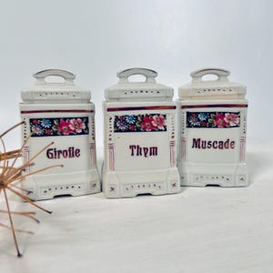 Set of 3 French Porcelain Spice Canisters – Vintage Floral Kitchen Décor
