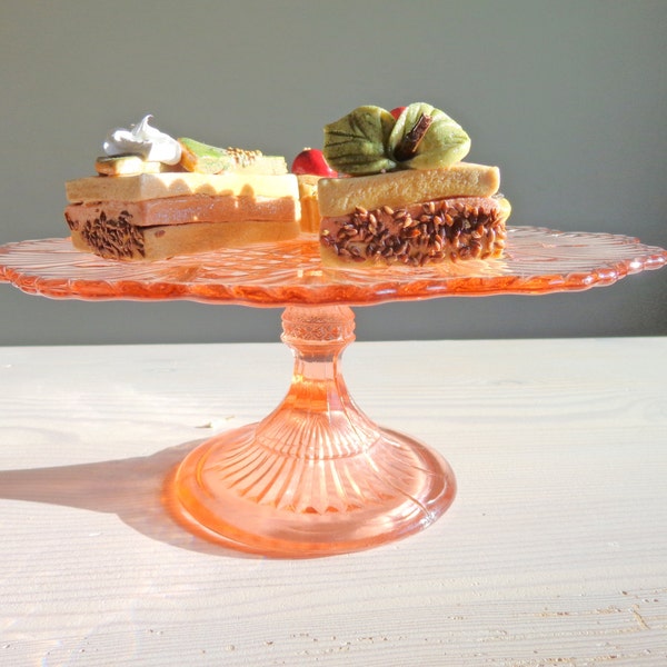 Pink cake stand, pink glass vintage cake stand, 1930's glass cake stand