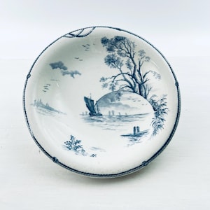 Antique French Gien Marines low pedestal dish, blue white serving dish, seafront, sail boat, beach theme tableware