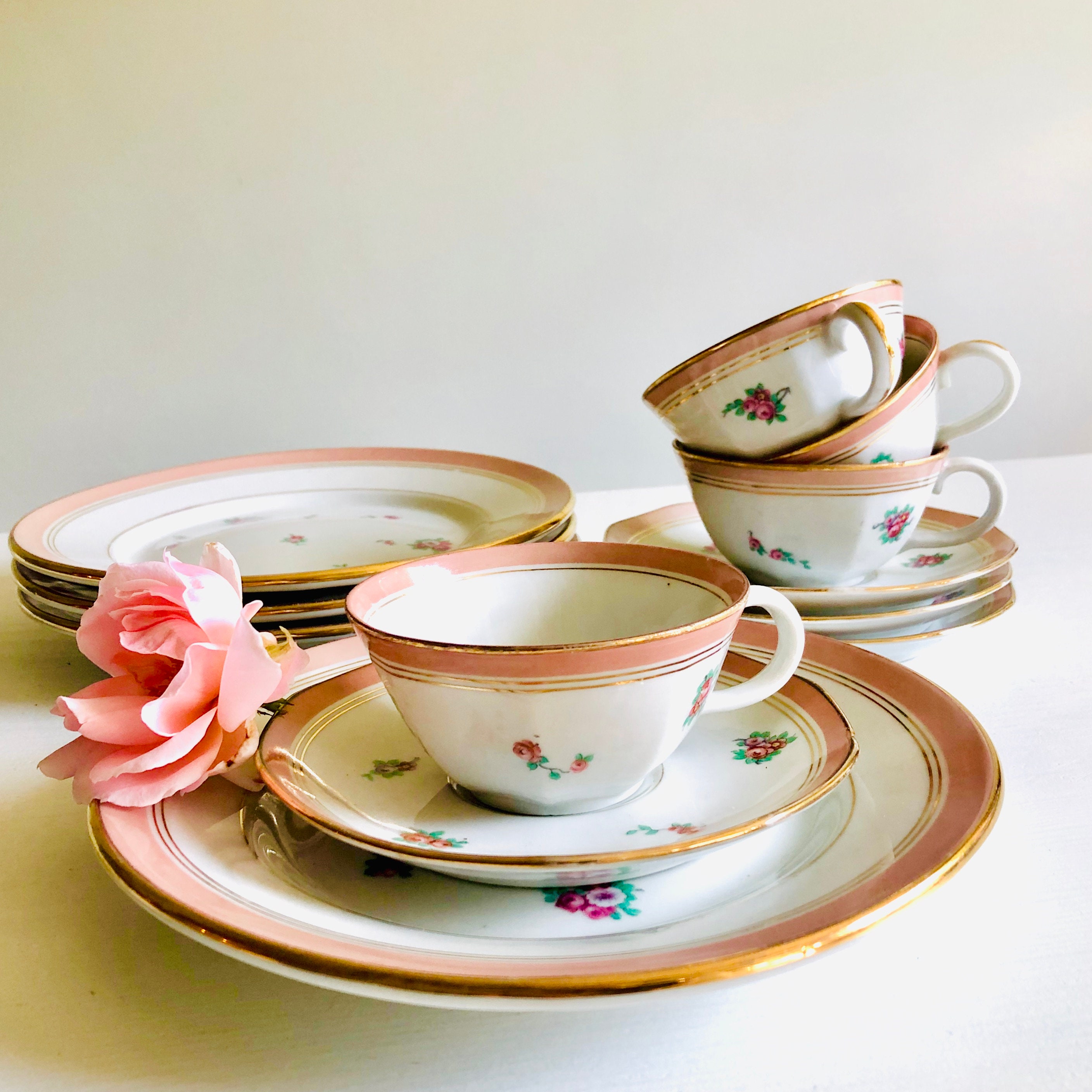 Pink tea set with roses vintage china tea set for 4 gold Etsy