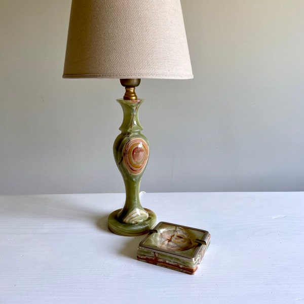 Vintage Italian green onyx table lamp and ashtray, marble, natural stone green brown