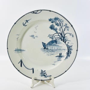 Antique French Gien Marines large round platter, blue & white serving dish, seafront, sail boat, beach theme tableware, 1900