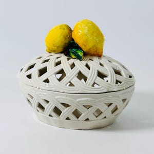 Italian ceramic basket with lemons, handmade vintage potpourri or fruit bowl