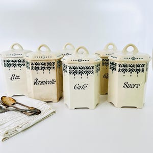 Art Deco French kitchen canisters, set of six 1930s vintage ceramic storage pots, food containers