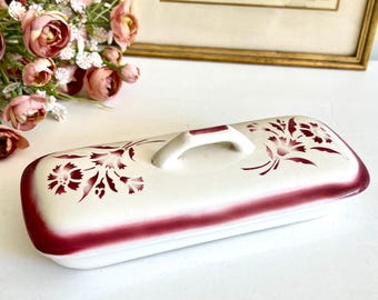 Antique French ceramic toothbrush box, pink flower decor, vanity or bathroom box