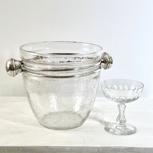 Vintage champagne bucket, glass and silverplate champagne cooler, ice bucket, mid century barware