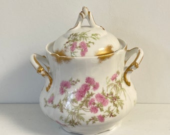 Große viktorianische Porzellan Zuckerdose, handbemalte rosa Blumen, goldene Details, antike Zuckerdose